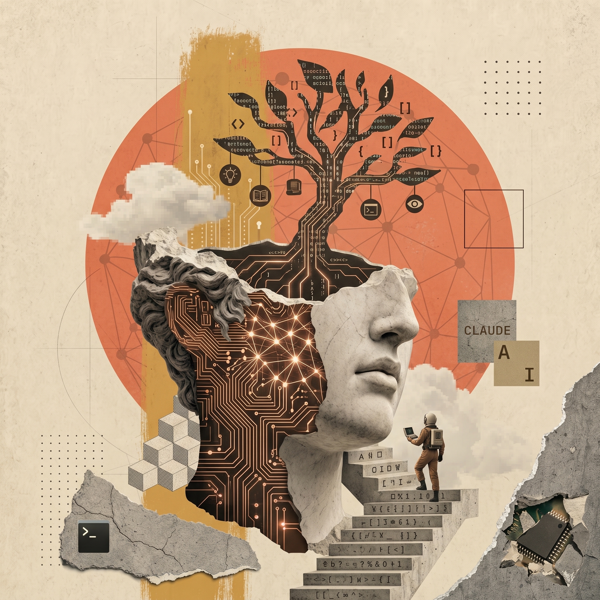 Colagem editorial sobre aprendizado e aplicação de IA